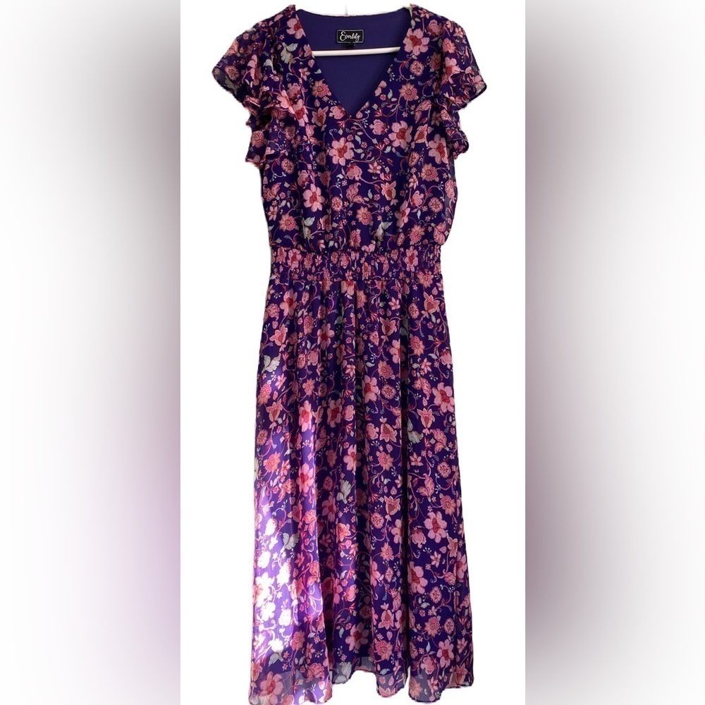 Everlily Floral Fit & Flare Short Sleeves Smocked Waist Dress, Size: Medium